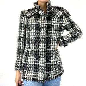 Black White Houndstooth Tweed Plaid Jacket